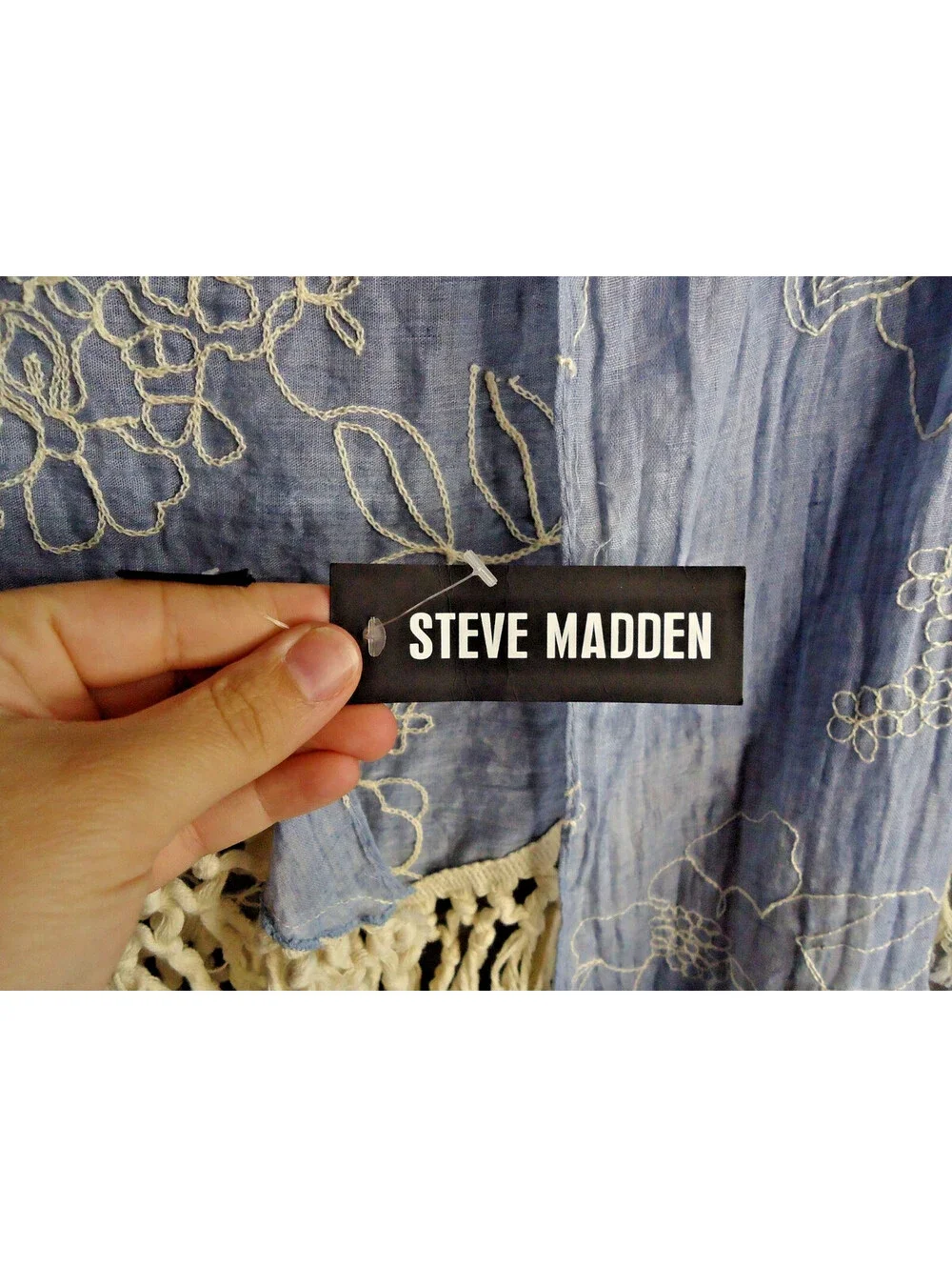 Steve Madden Embroidered Tasseled Wrap Shawl Blue White New One Size